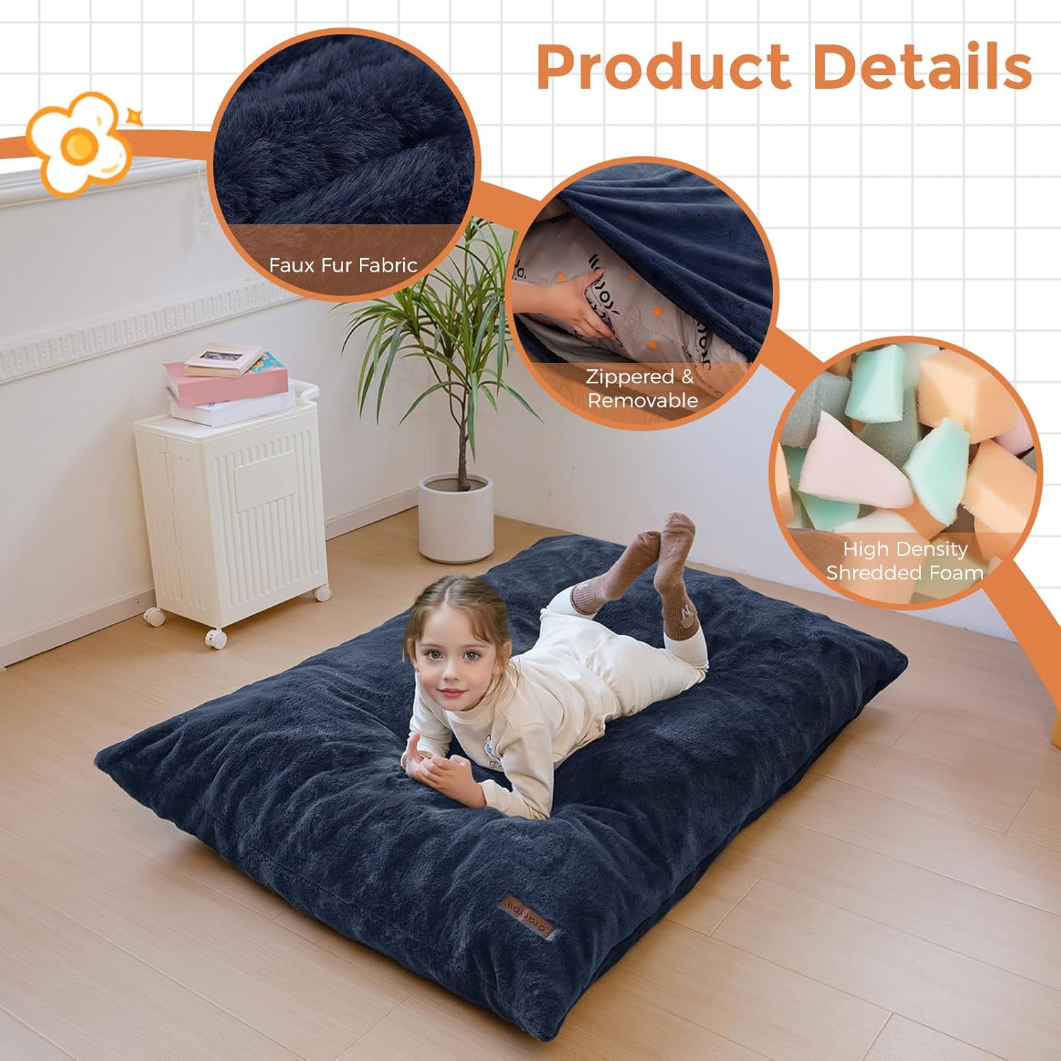 MAXYOYO 3 in 1 Kids Bean Bag Chair, Child Floor Sofa for Gaming, Reading, Faux Fur Floor Couch with High-Density Foam Filling for Living Room Bedroom
