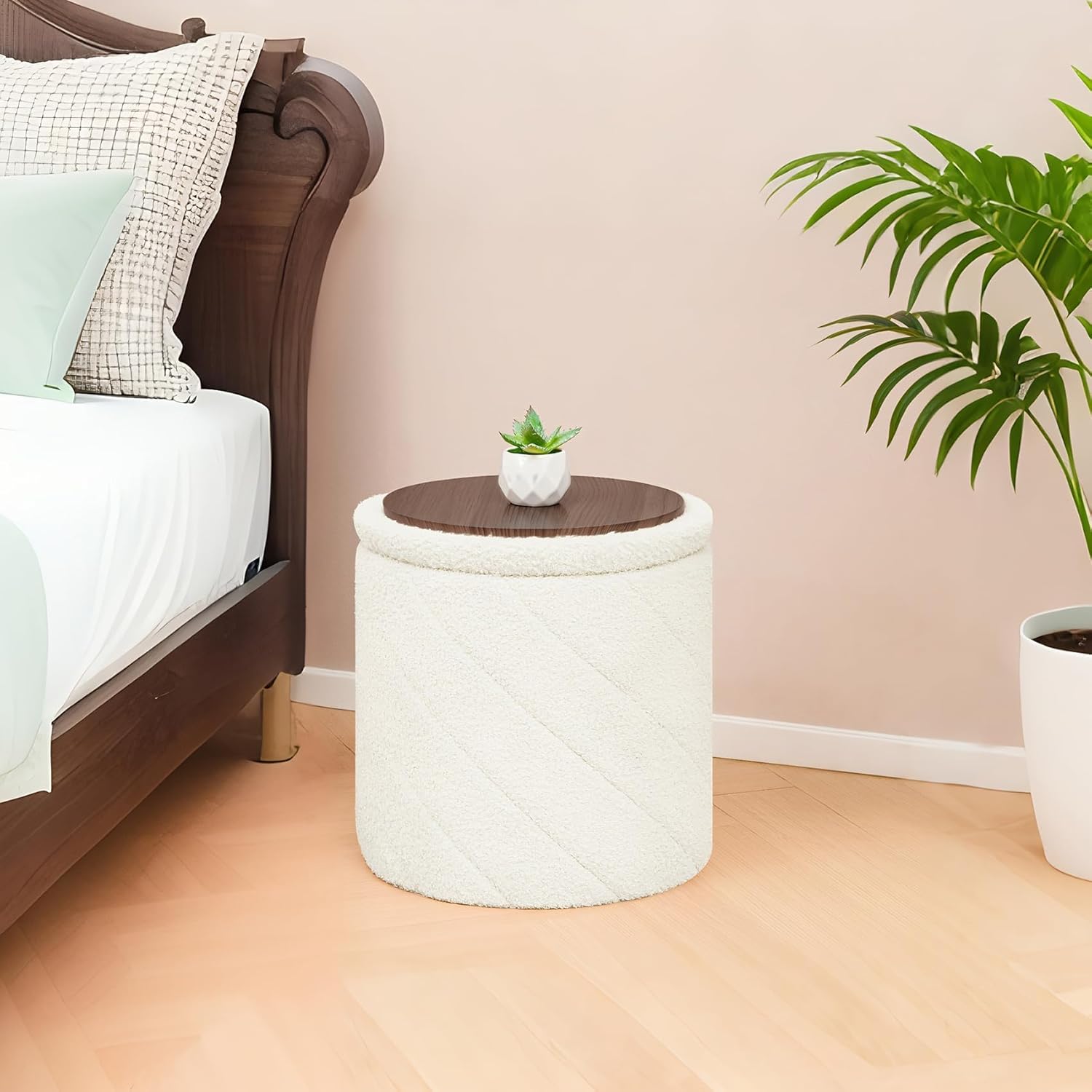 B FSOBEIIALEO Ottoman with Stroage, Boucle Round Storage Ottoman with Tray, Foot Rest Stool for Dorm Room, Living Room White, 12.99"x12.99"x13.78"
