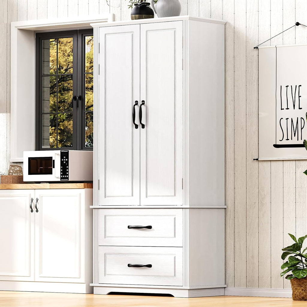71" Farmhouse Kitchen Pantry Cabinet with 2 Large Drawers, Freestanding Cupboard Sideboard Storage Cabinet with 8 Door Shelves and Adjustable Shelves for Kitchen,Dining Room,Living Room,Laundry