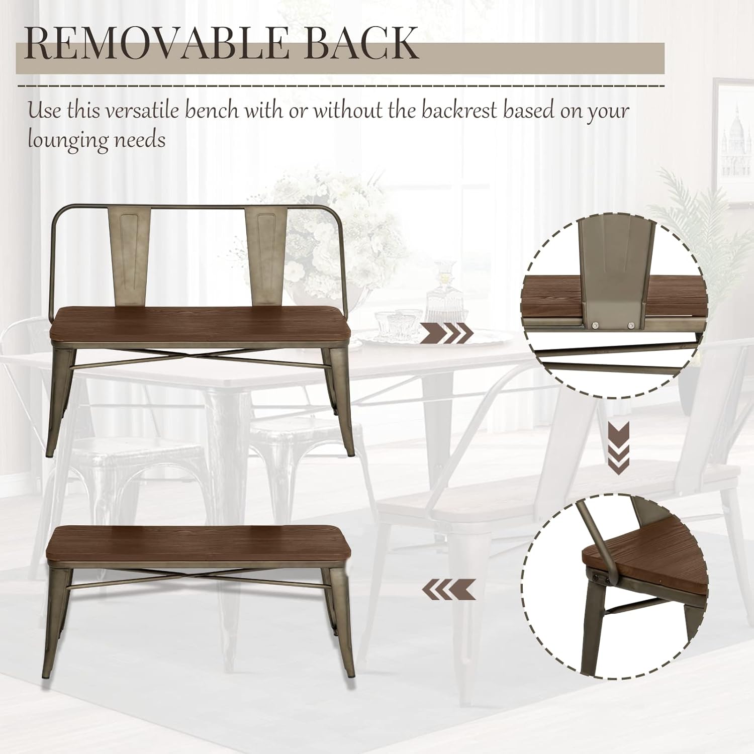 YOLENY Dining Bench, Farmhouse Metal Entryway Chair with Back, Industrial Mid-Century 3 Person Rustic Spindle Bench, with Wood Seat, Removable Backrest, 42in, Bronze