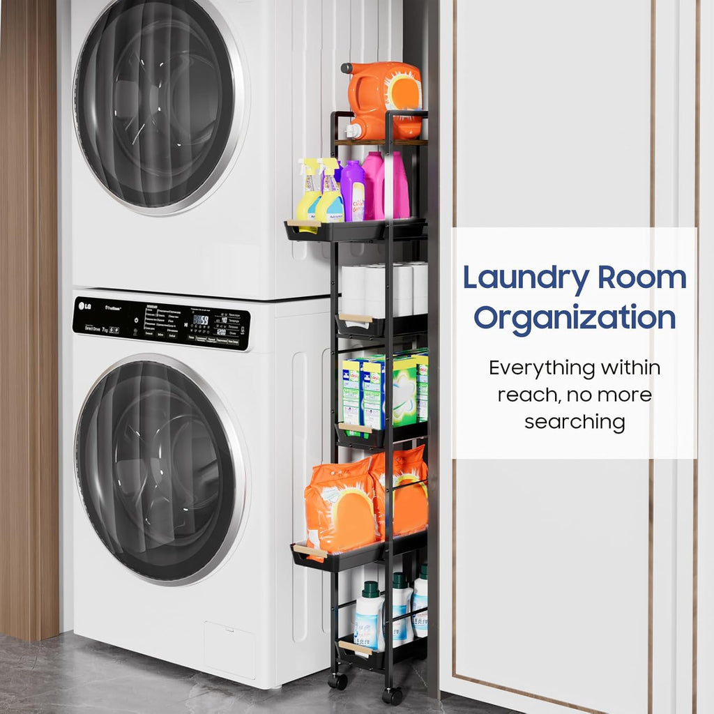 6 Tier Slim Storage Cart with Pull-Out Baskets Rolling Cart with Wheels Wood Top Narrow Utility Cart Metal Shelving Units for Pantry Laundry Room Bathroom Kitchen Black 8in(W)