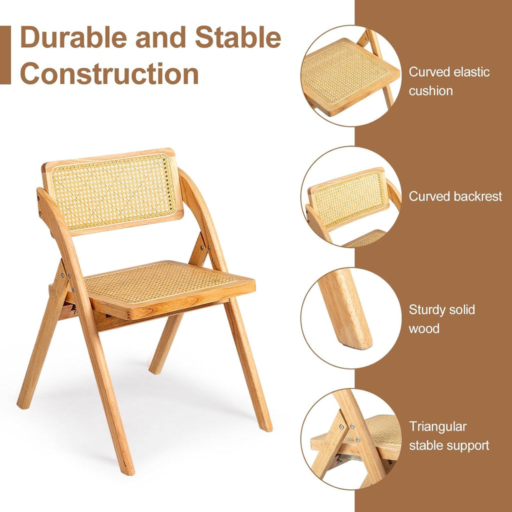 Karl home Wooden Rattan Folding Chairs 2 Pack, Portable Folding Chairs for Indoor, Ideal for Kitchen Dining Room, Office Wedding, Party, Picnic, Natural