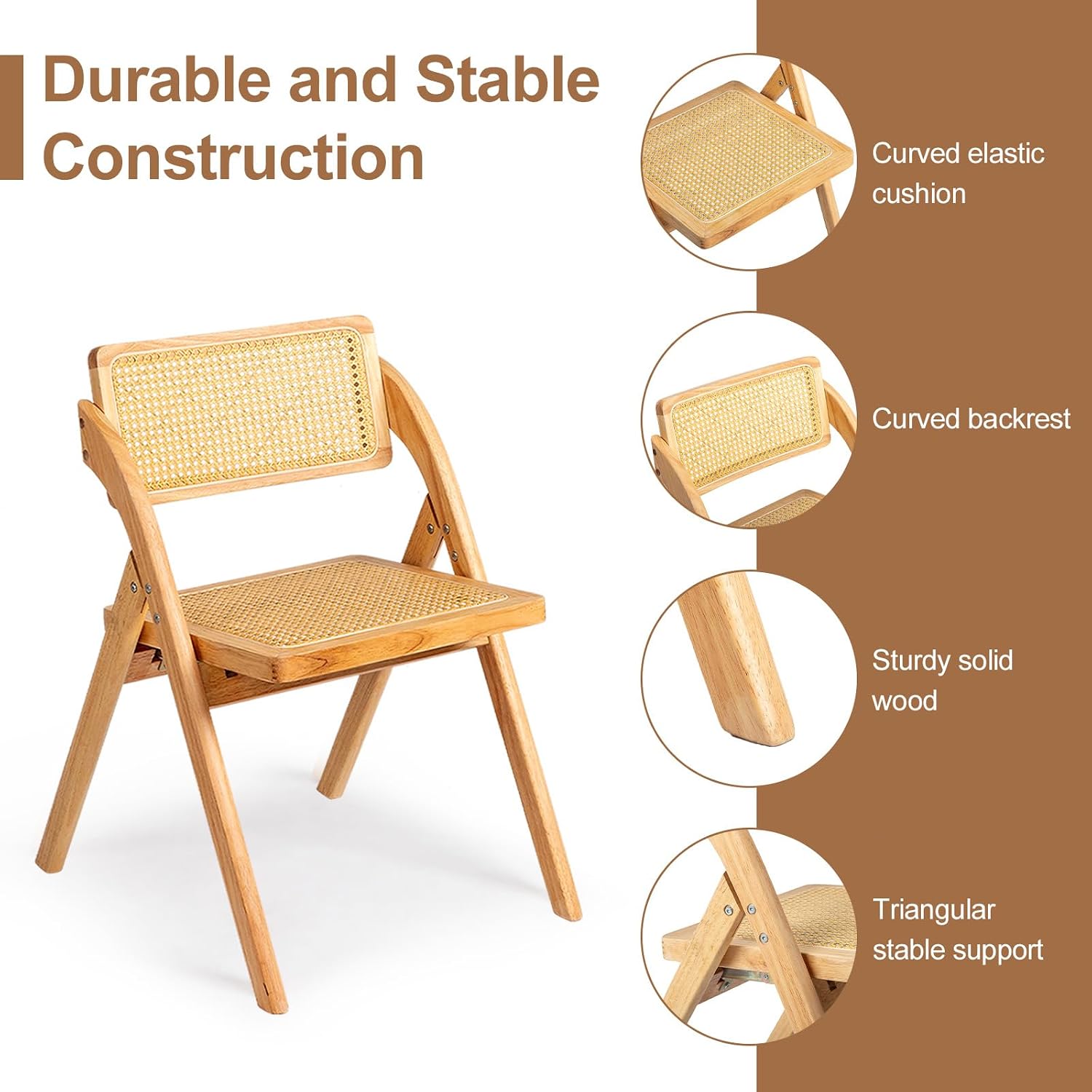 Karl home Wooden Rattan Folding Chairs 2 Pack, Portable Folding Chairs for Indoor, Ideal for Kitchen Dining Room, Office Wedding, Party, Picnic, Natural