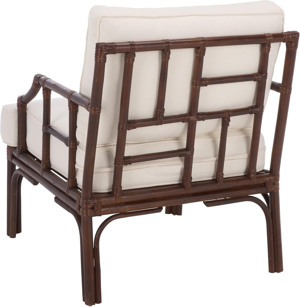 SAFAVIEH Furniture - Kazumi Accent Chair - Coastal Design White Cushion & Chocolate Brown Rattan - Fully Assembled - Ideal for Living Room, Bedroom, Dining Space, 19.7" Seat Height (ACH6508C)