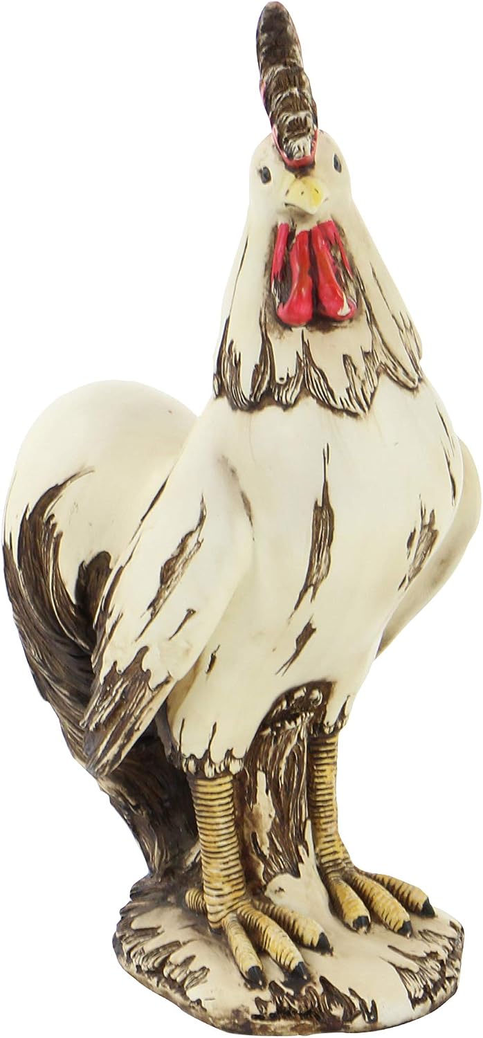 Deco 79 Polystone Rooster Decorative Garden Sculpture Indoor Outdoor Garden Statue, Outdoor Sculpture 10" x 6" x 15", White