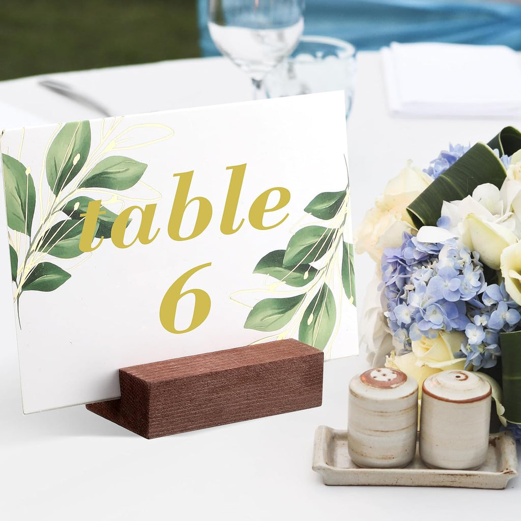 Blosssound 12 Pcs Wood Place Card Holders Wooden Table Number Holder Stands Name Card for Wedding Party Events Exhibition Decoration Office Restaurant Business(Brown,3 x 1.6 x 0.8 Inches)