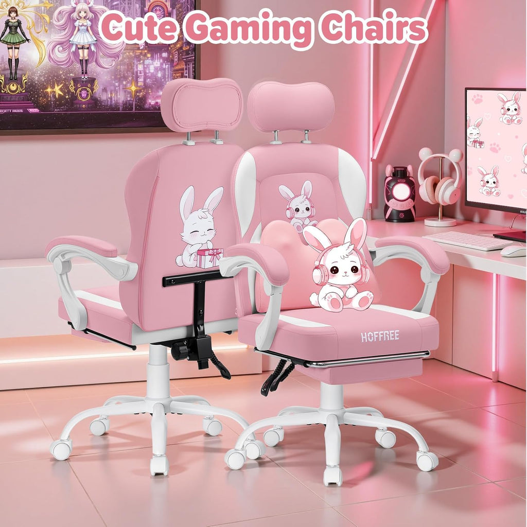 HOFFREE Kids Computer Gaming Chair for Girl with Cute Bunny Massage Lumbar Pillow Kids Pink Desk Office Chair with Adjustable Headrest and Footrest for Teen Girls