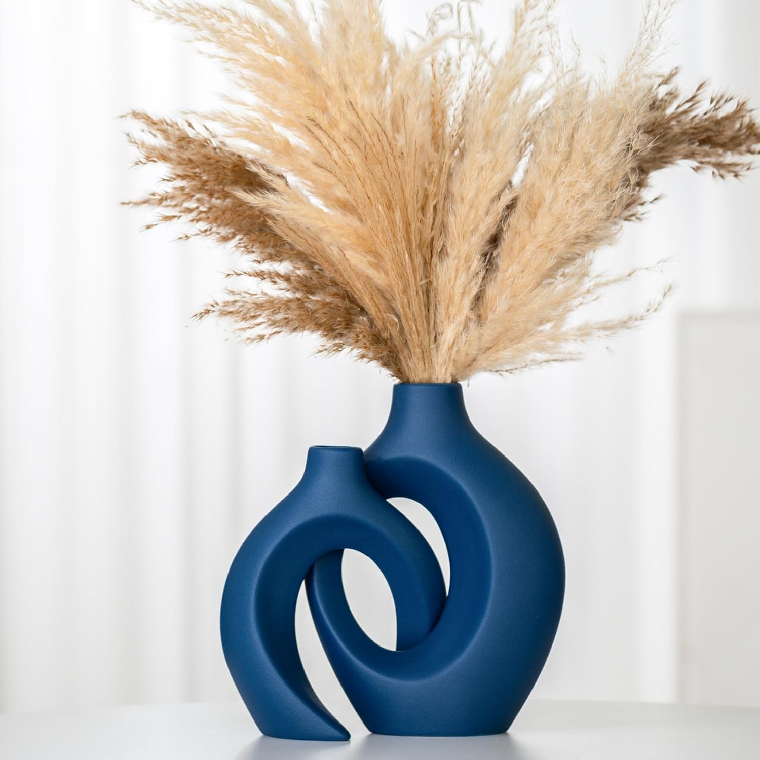 Lvases Snuggle Hollow Ceramic Flower Vase Set 2, Nordic Boho Home Decor | Modern Aesthetic Ins Style Living Room Coffee Table Centerpieces Pampas Grass Decorative Display Matte Navy Blue 6.3"W 8.4"H