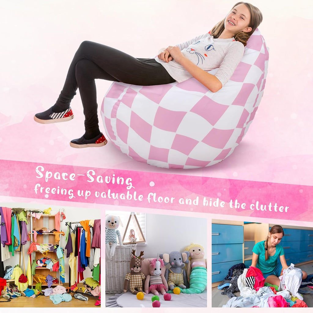 VitalCozy Bean Bag Chair for Teens (No Filler) Stuffed Animal Storage Bean Bag Chair Cover Polyester Stuffable for Kids Plush Toys Clothes Home Supplies(Pink Plaid)
