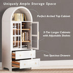 71" Tall Arched Kitchen Pantry Cabinet with 2 Large Drawers & Adjustable Shelves, Arched Bookshelf with Storage Cabinet & Glass Doors, Wooden Versatile Cupboard for Dining Room (White)
