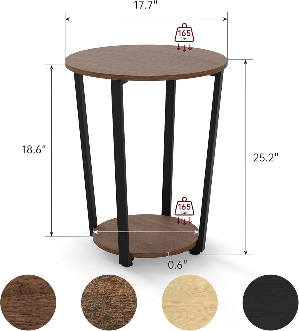 Round End Table, 2-Tier Storage Side Table with Metal Legs, Industrial Wood Accent Table for Living Room Bedroom, Small Space Nightstand with Open Shelf, Walnut