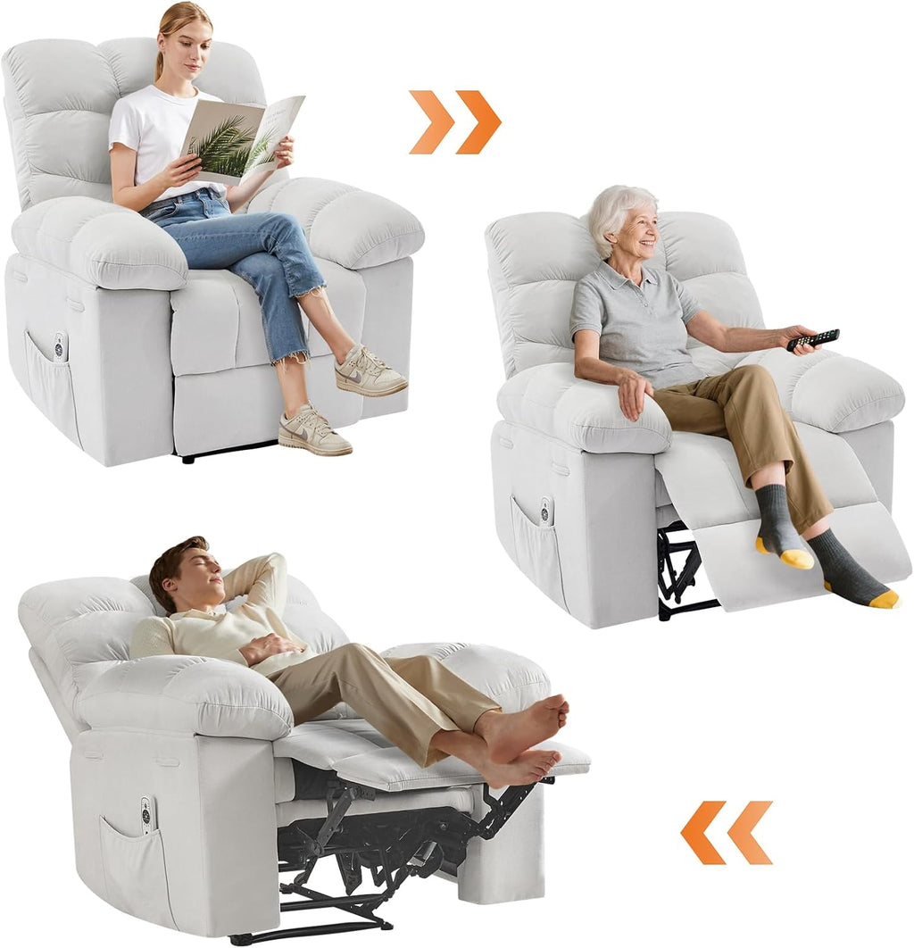 Rocking Recliner Chair with Massage & Heat, Overstuffed Fabric Upholstery, Remote Control, Side Pockets, for Living Room, Bedroom, Nursery, Home Theater, Beige