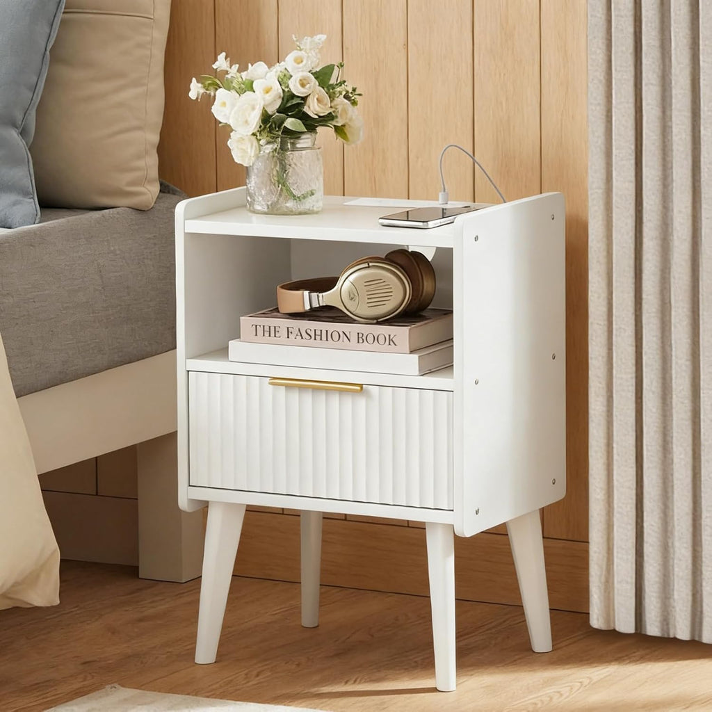 MAHANCRIS Nightstand with Charging Station and Modern Bedside Table Bundle, White End Table with Storage Drawers, Open Storage, Night Stand with Solid Wood Legs, for Bedroom, ETWT61E01N1-ETWT69E01