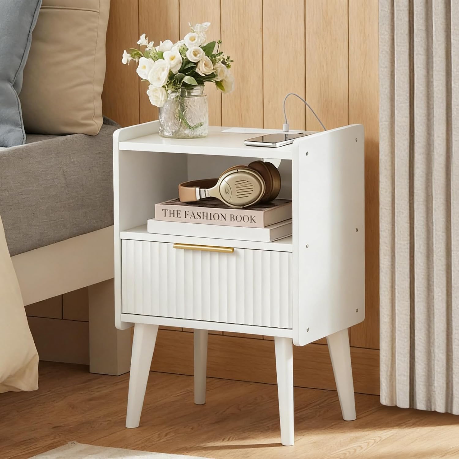 MAHANCRIS Nightstand with Charging Station and Modern Bedside Table Bundle, White End Table with Storage Drawers, Open Storage, Night Stand with Solid Wood Legs, for Bedroom, ETWT61E01N1-ETWT69E01