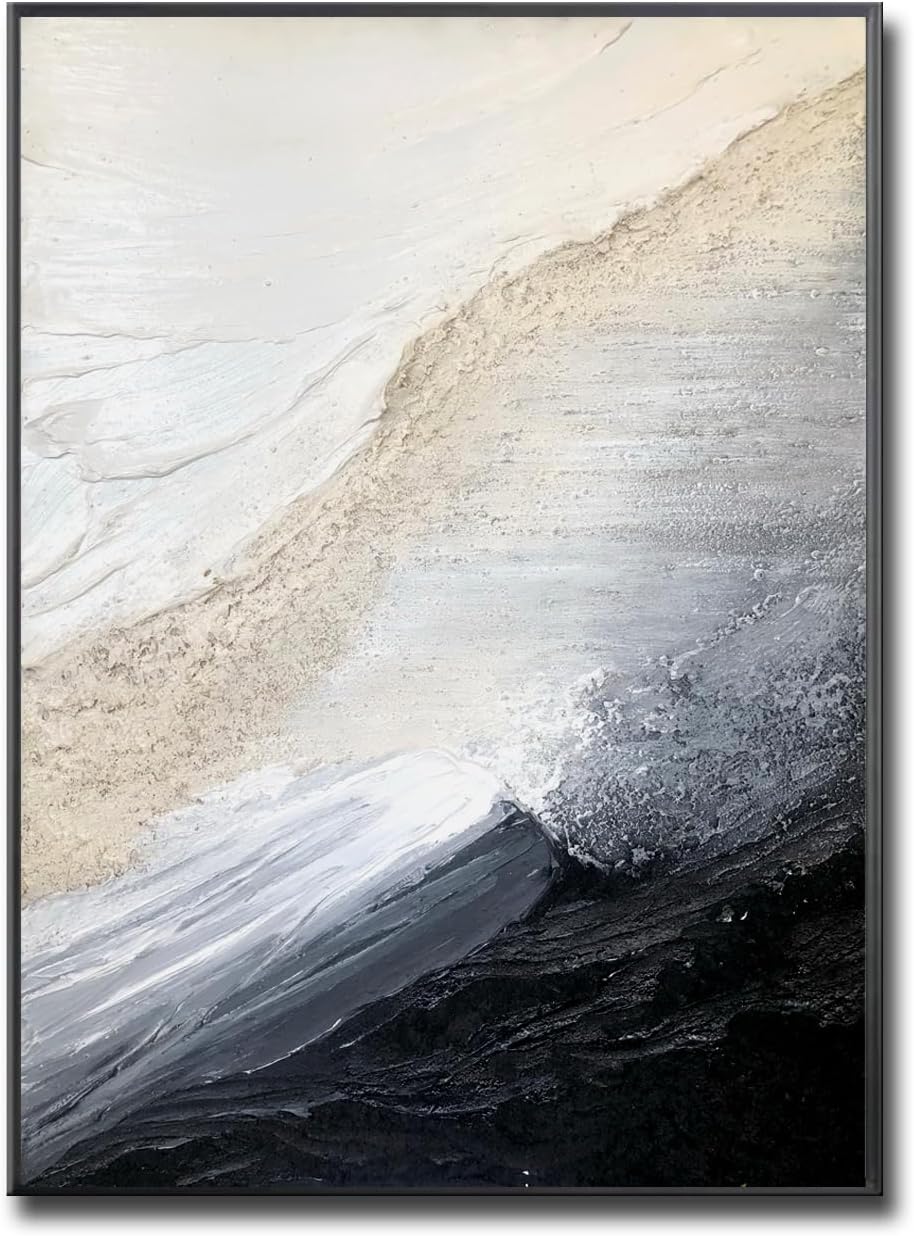 Large 3D Textured Coastal Wall Art in Black and White for Living Room, Hand-Painted Abstract Ocean Wave Oil Painting for Entryways, Modern Minimalist Framed Art for Bedroom Office Decor, Ready to Hang 32" x 48"