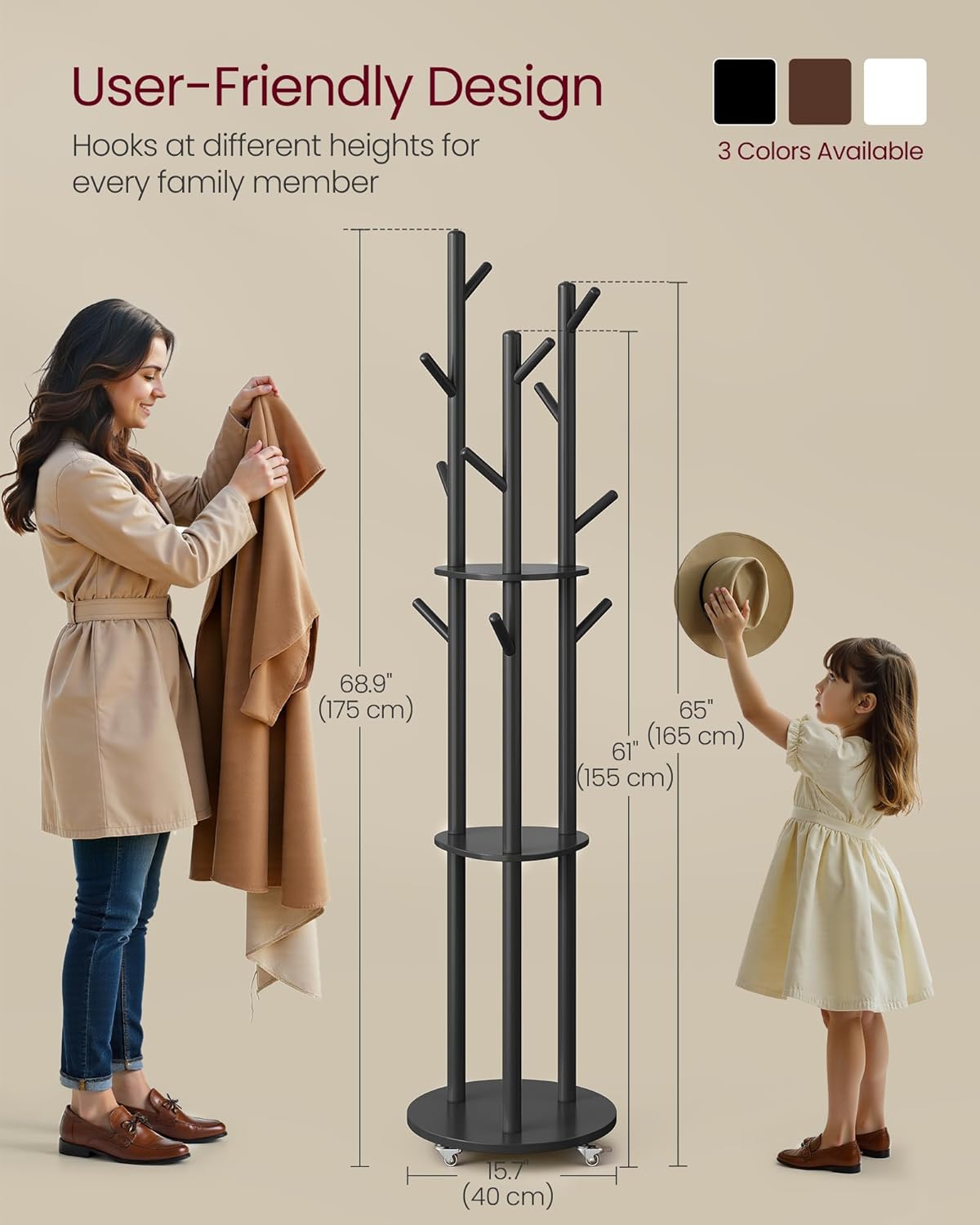 VASAGLE Freestanding Coat Rack Stand, Coat Tree with 11 Hooks, 3 Shelves, 4 Removable 360° Swivel Wheels, Wooden Hooks and Poles, for Entryway, Bedroom, Living Room, Ink Black URCR023B01