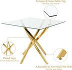 36 Inch Dining Table Set for 4, Modern Square Tempered Glass Top, Gold Finish Stainless Steel Legs Table and PU Leather Chairs for Dining Room, Living Room, Kitchen, Beige with Gold Base