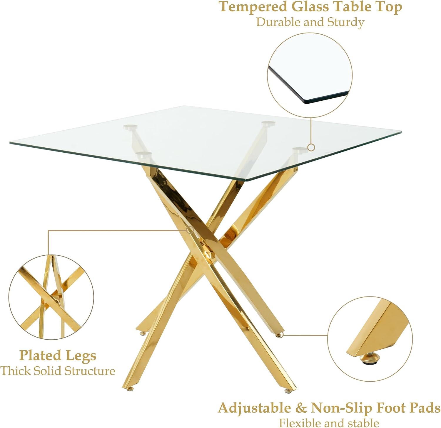 36 Inch Dining Table Set for 4, Modern Square Tempered Glass Top, Gold Finish Stainless Steel Legs Table and PU Leather Chairs for Dining Room, Living Room, Kitchen, Beige with Gold Base