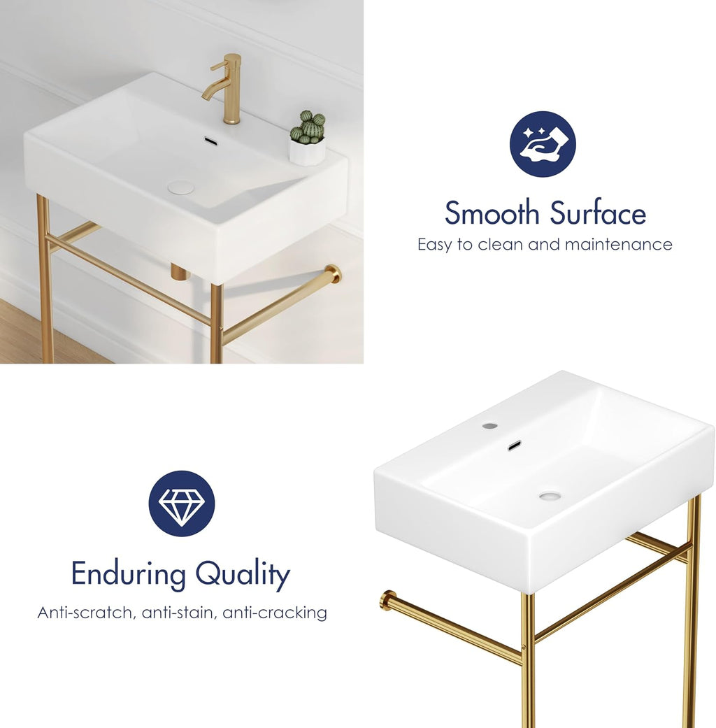 Eridanus 24"x16" Console Bathroom Sink, Free Standing 30 Inch Chrome Steel Support Pedestal Legs, Wall Mount White Vessel Ceramic Vanity Basin Modern Rectangular Sinks Porcelain, Brushed Gold