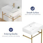Eridanus 24"x16" Console Bathroom Sink, Free Standing 30 Inch Chrome Steel Support Pedestal Legs, Wall Mount White Vessel Ceramic Vanity Basin Modern Rectangular Sinks Porcelain, Brushed Gold