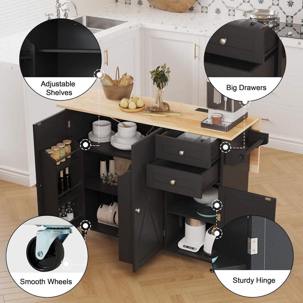 HOMREST 50.4" Kitchen Island with Drop Leaf & Power Outlet, Farmhouse Rolling Island Cart with 3 Spices Shelves on Wheels, Mobil Kitchen Island Table with Rubberwood Countertop Towel Rack, Black