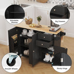 HOMREST 50.4" Kitchen Island with Drop Leaf & Power Outlet, Farmhouse Rolling Island Cart with 3 Spices Shelves on Wheels, Mobil Kitchen Island Table with Rubberwood Countertop Towel Rack, Black