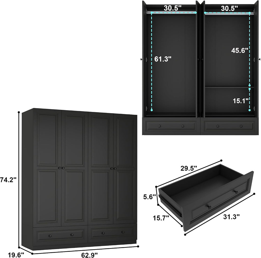 Armoire Wardrobe Closet with Drawer: Bedroom Wardrobe Closet for Hanging Clothes, Wood Cabinet for Clothes with Doors, Armoire with Shelves (Black, 63")