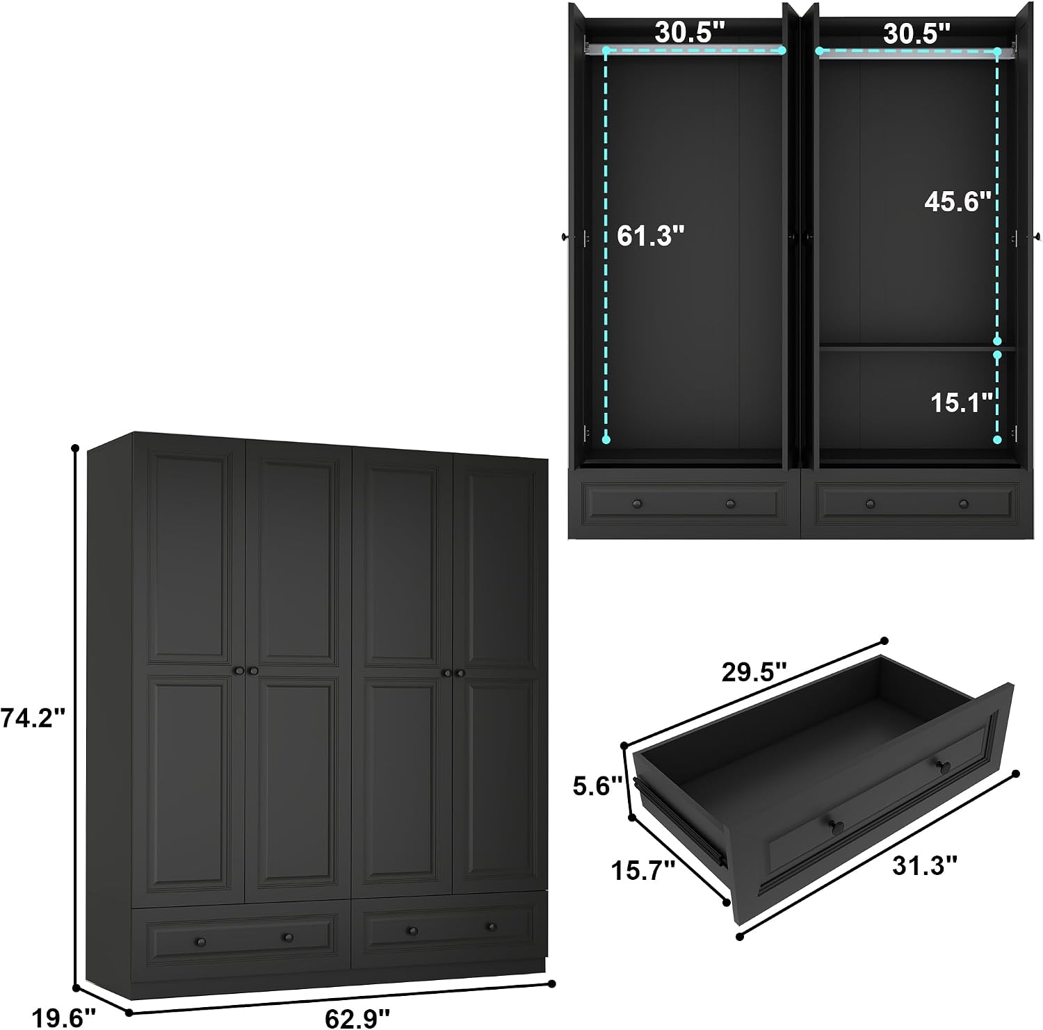 Armoire Wardrobe Closet with Drawer: Bedroom Wardrobe Closet for Hanging Clothes, Wood Cabinet for Clothes with Doors, Armoire with Shelves (Black, 63")