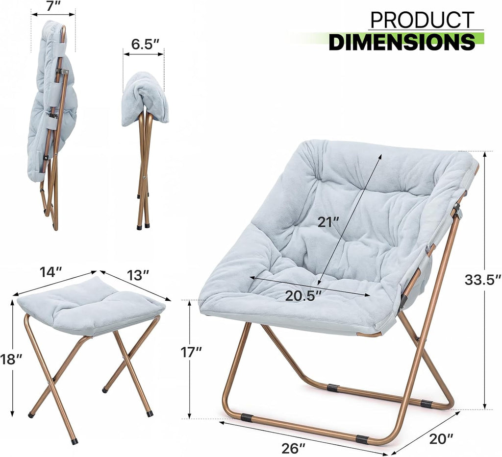 Magshion Oversized Folding Chair for Adults, Reading Chair with Ottoman, Faux Fur Fluffy Circle Accent Seat Comfy Living Room Lounge Chair for Bedroom Corner, Dorm, Apartment (Blue)
