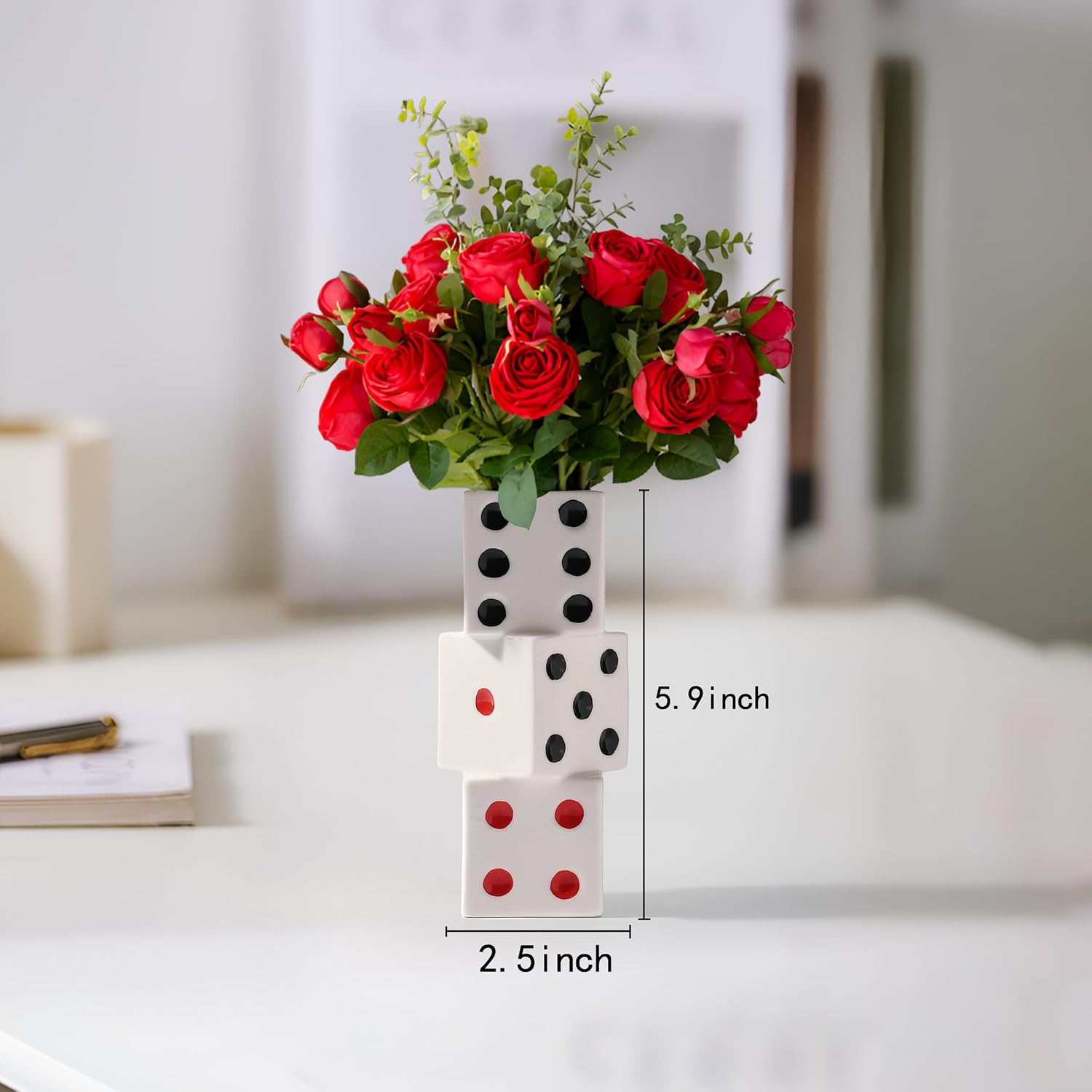 Dice Vase White Ceramic Vase for Home Decor, Unique 70s80s Vintage Decorative Table with Black and White Centerpiece(5.9" H)