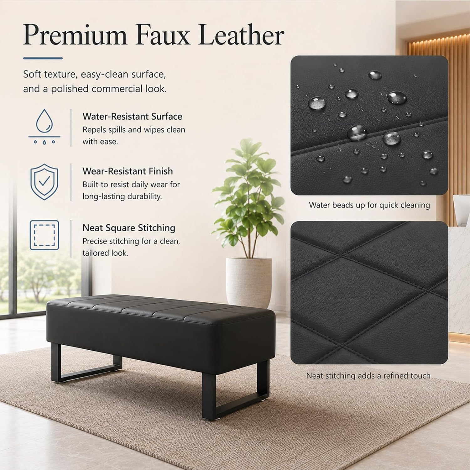 Waiting Room Bench, Faux Leather Upholstered Bench Seat with High-Density Foam, Rounded Corners and Metal Frame, Reception Lobby Furniture for Office, Salon, Barbershop(Black,17 * 59 * 17in)