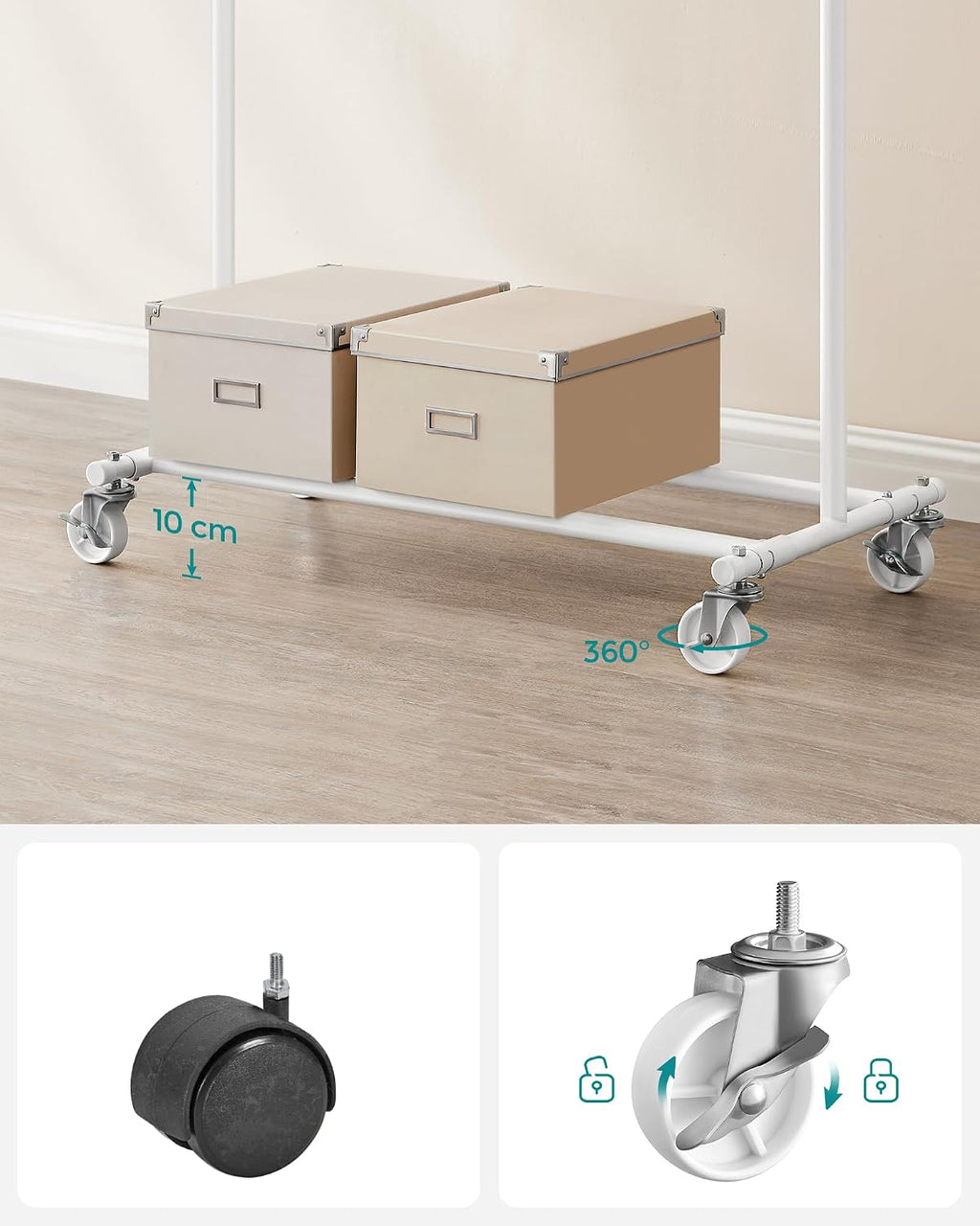 SONGMICS Clothes Rack with Wheels, Extendable Heavy Load Rod, Coat Rack, Clothes Storage, 90 kg Load Capacity, Easy Assembly, Portable, Classic White HSR013W01