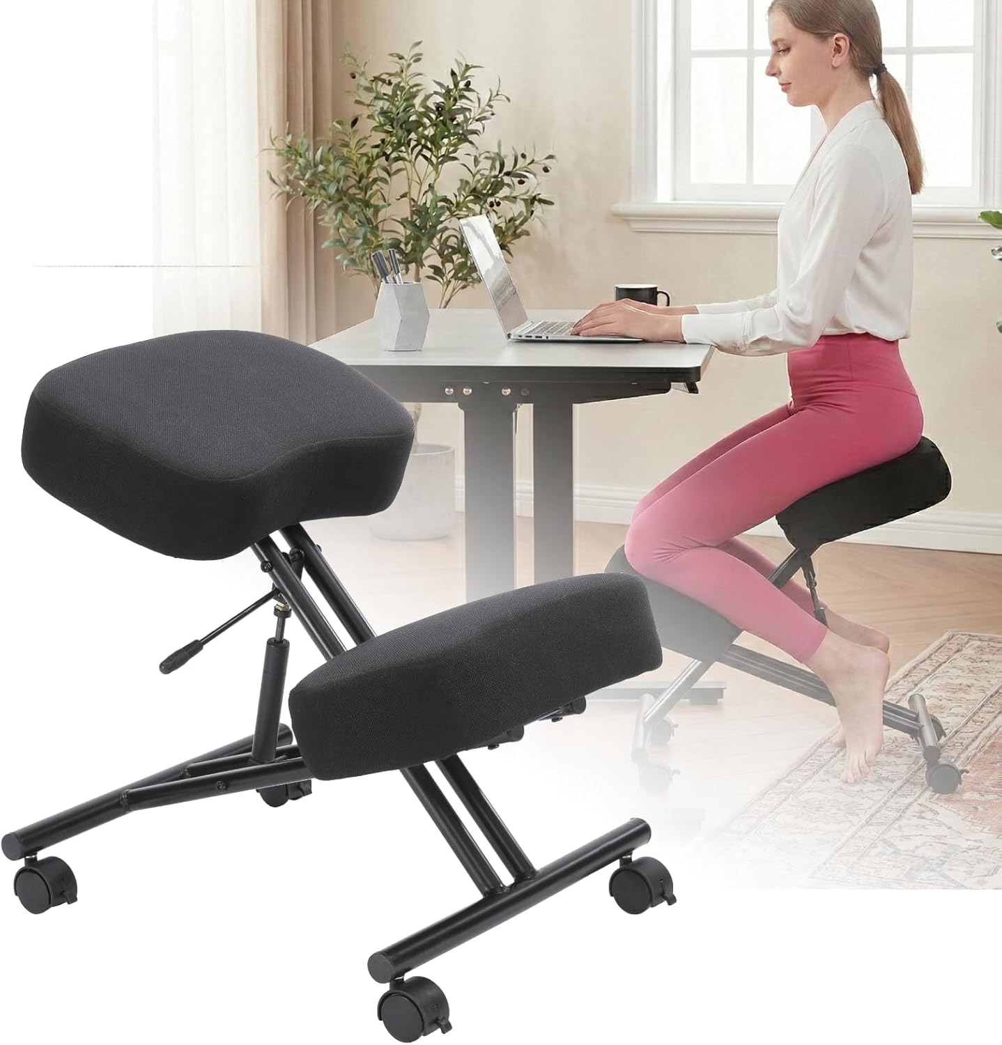 Kneeling Chairs Linen Ergonomic Home Office Chair Adjustable Height Seat Rolling Wheels Comfort Thick Cushion Work Stool Improve Posture Chairs