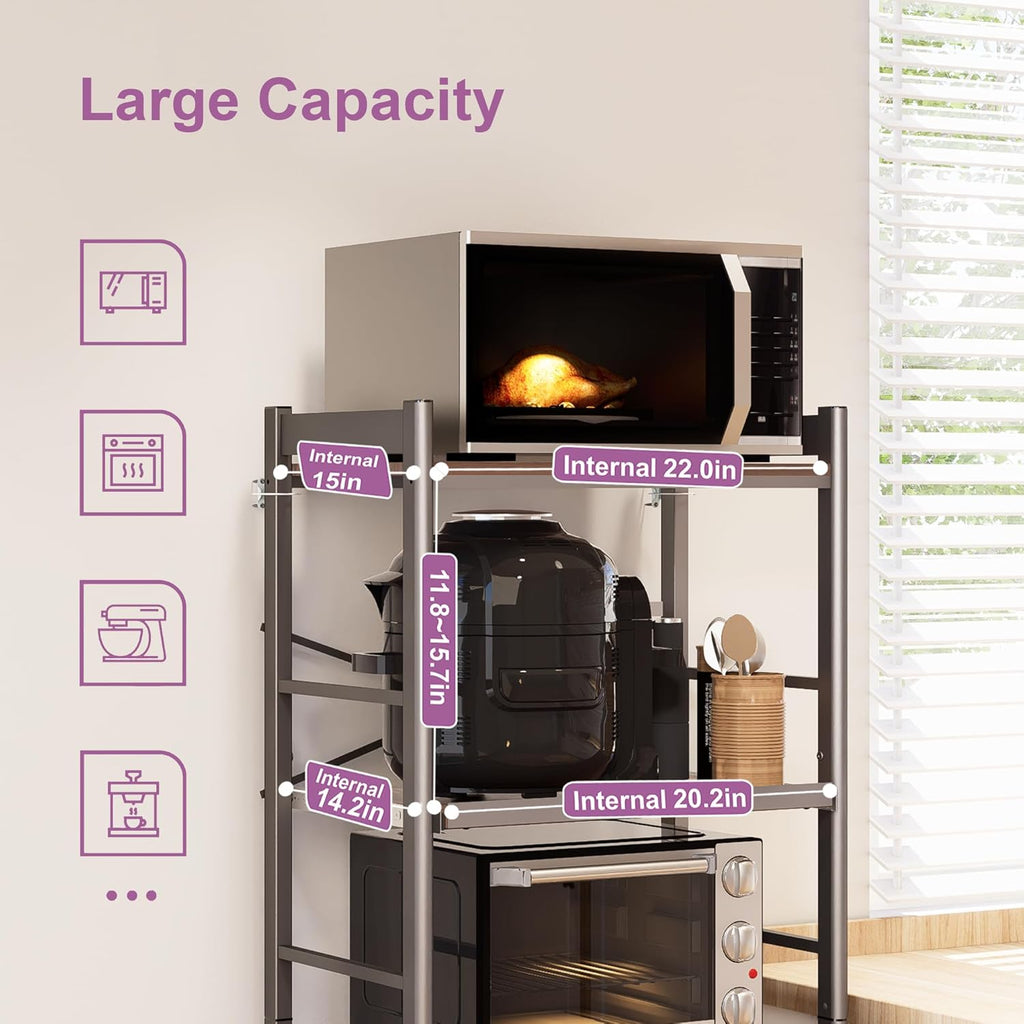 5-Tier Pull Out Baker's Rack with Storage, Heavy Duty Microwave Stand with Wood Pull Out Shelves, Adjustable Microwave Cart with Wheels (23.6''W x 60''H)