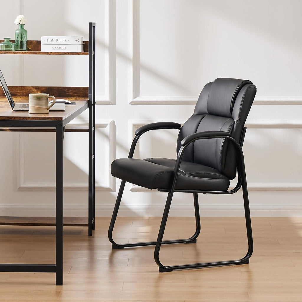 Sweetcrispy Waiting Room Guest Chair, Stationary Office Reception Chairs No Wheel, Comfy Padded Arms and Seld Base, for Conference Room Lobby Home Computer Desk Bedroom Elderly, Deep Black