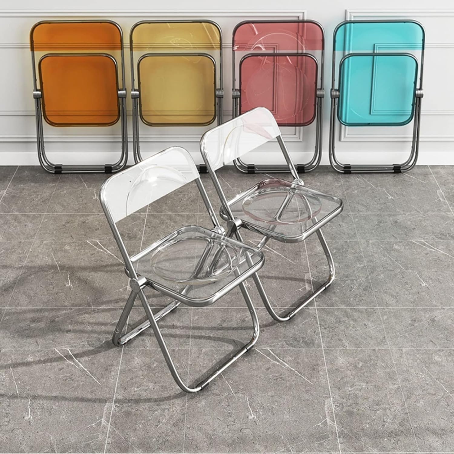 Transparent Folding Chair Modern Dining with Chrome Frame Acrylic Chair PC Plastic Living Room Seat(Yellow)