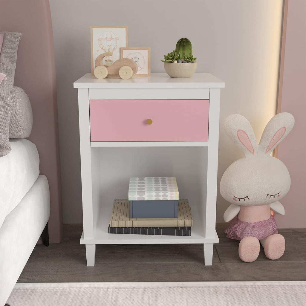 Kids Nightstand, Modern Toddler Nightstand with One Drawer & Open Shelf, Wood End Table for Boys and Girls, Multi-Color Options for Bedroom, Living Room, and Kids' Room Storage (White)