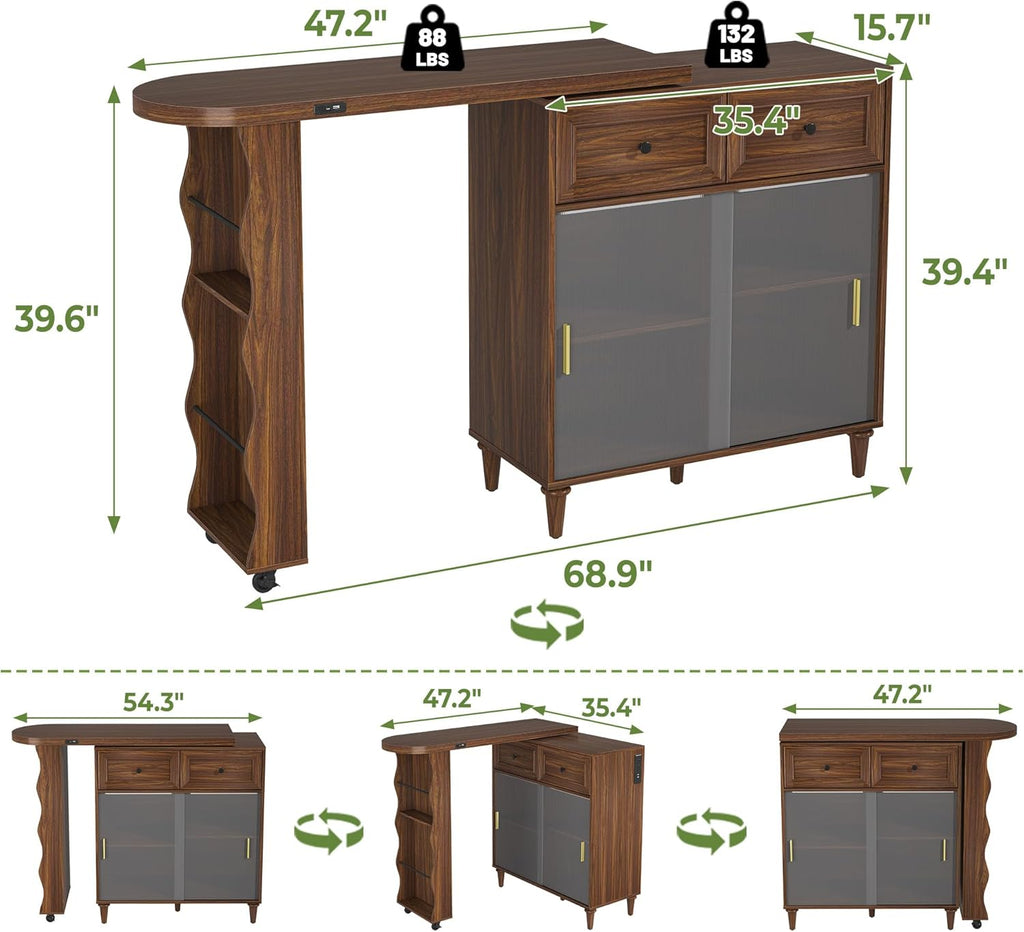 69" Kitchen Island with 360° Rotating Table, Bluetooth Speakers, LED Lighting, Adjustable Shelves, Storage Cabinet & Power Outlet – Walnut Finish Extendable Dining Table for Kitchen, Dining Room, Bar