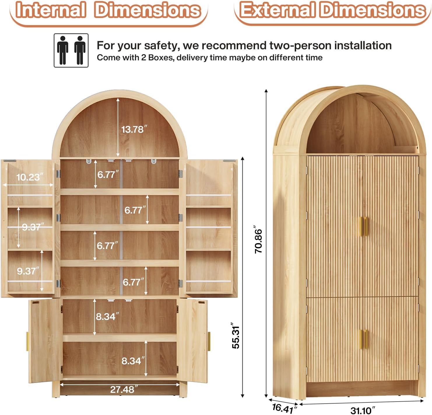 PRETZI 71" Tall Arched Pantry Cabinet, Arched Fluted Kitchen Storage Cabinet with Doors and Adjustable Shelves, Modern Natural Wood Cupboard Organizer for Kitchen, Dining Room, Living Room