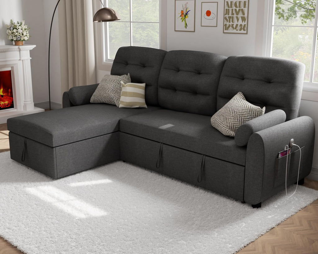 86" Sleeper Sofa Bed, Pull Out Couch Bed with Reversible Storage Chaise, Sectional Couches for Living Room with Side Pocket | Charging Station | Removable Backrest | Prime Linen, Dark Grey