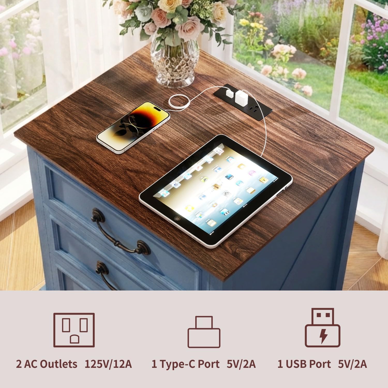 Vipbear Nightstand with Charging Station Set of 2, 22.4" Wide Farmhouse End Table, 3 Drawers for Bedroom, Wood Bedside Table with USB-C & AC Outlets, Side Tables for Living Room, Blue