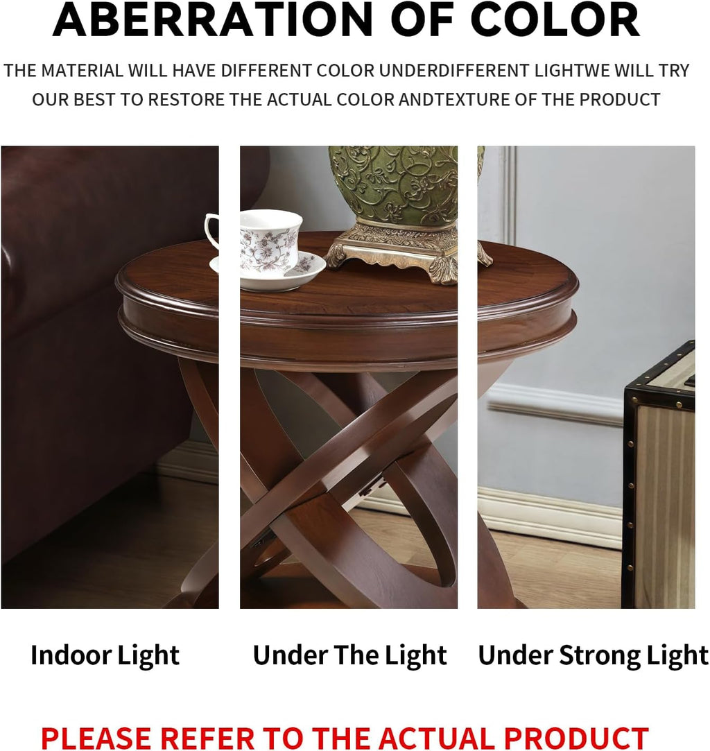 Round End Table 22 Inch with Solid Wood Veneer, Vintage Small Side Tables with Round Base, X-Design Accent Table Decor for Living Room/Small Space/Bedroom, Walnut