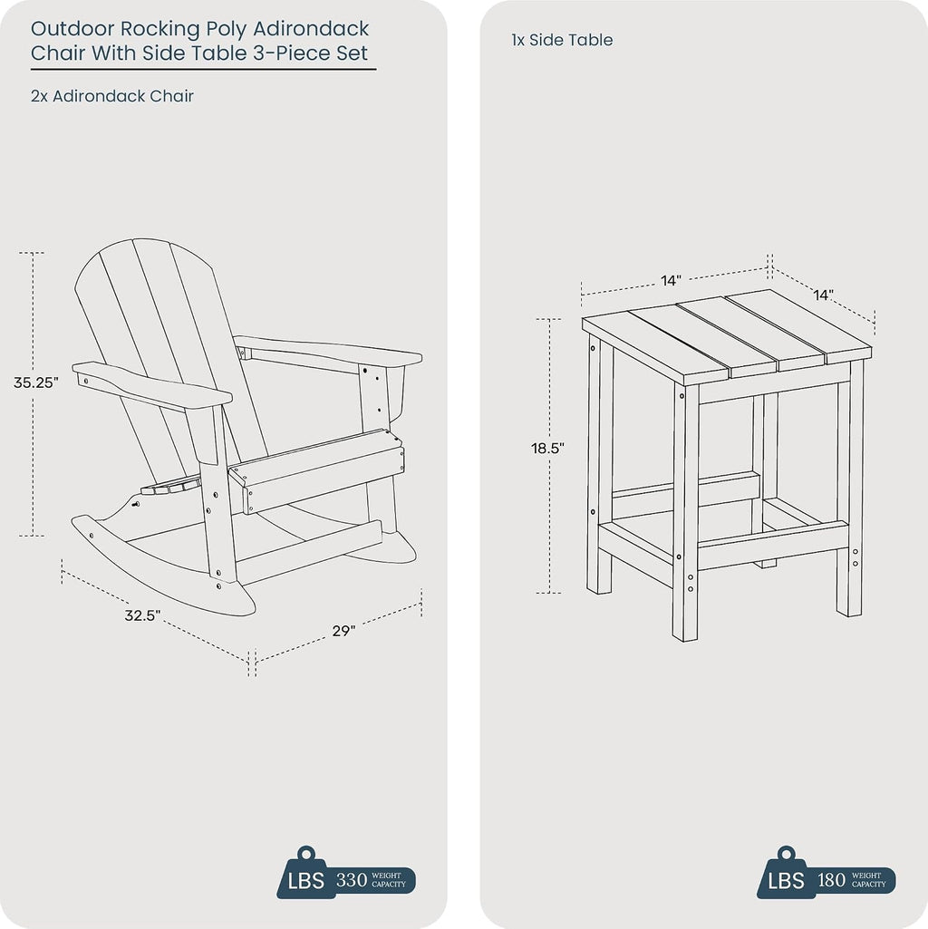 HDPE Laguna Outdoor Rocking Poly Adirondack Chair with Side Table 3-Piece Set, Black