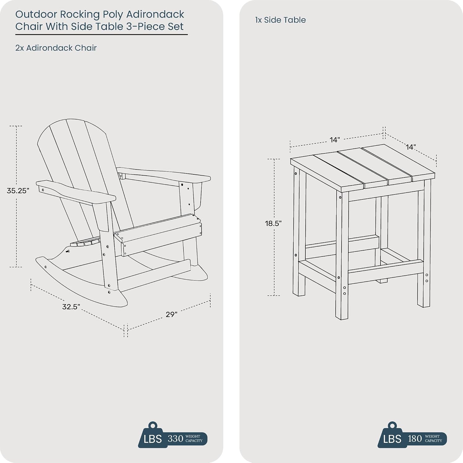 HDPE Laguna Outdoor Rocking Poly Adirondack Chair with Side Table 3-Piece Set, Black