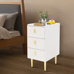 3-Layers Narrow Bedside Table, Space-Saving Living Room End Table with 3 Drawers, Leather Small Solid Wood Side Table with Support Legs for Small Spaces Bedroom (Off-White)