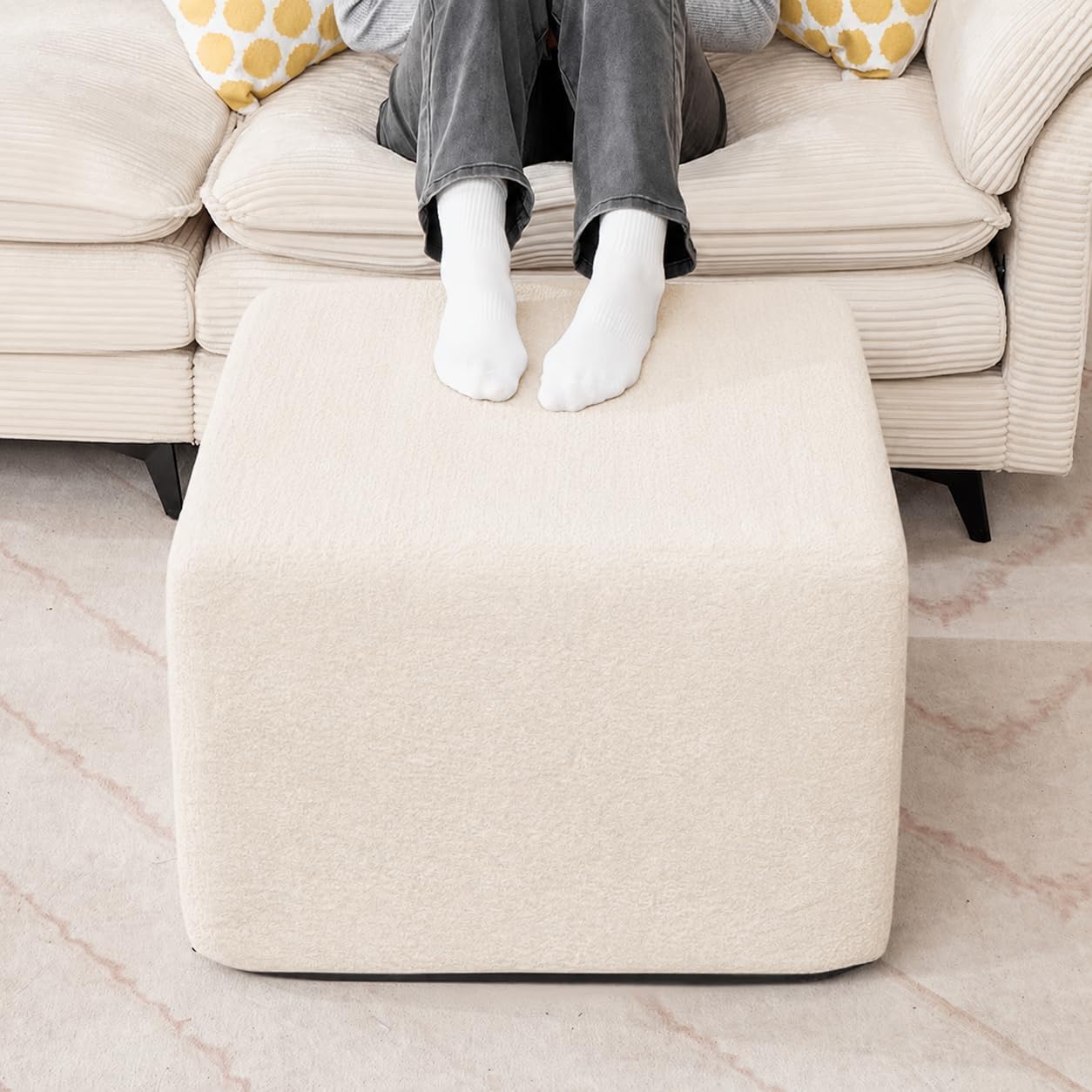 23.6'' Square Pouf Boneless Ottoman Foot Rest with High-Rebound Solid One-Piece Foam and Removable Washable Cover for Living Room, Gaming, Movie Watching (Beige)