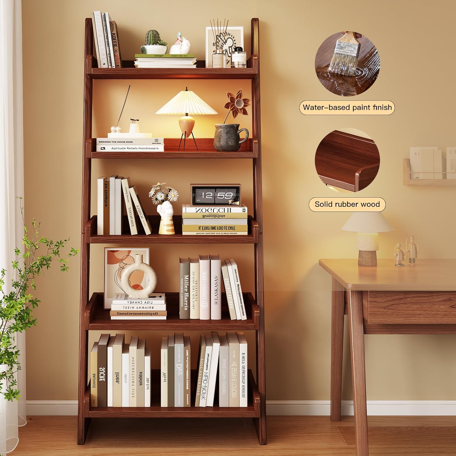 5 Tier Ladder Shelf, Leaning Bookshelf with Wood Frame, 5 Shelf Tall Bookcase Standing Storage Organizer Solid Wood Storage Shelves for Living Room, Bedroom, Home Office (Walnut)
