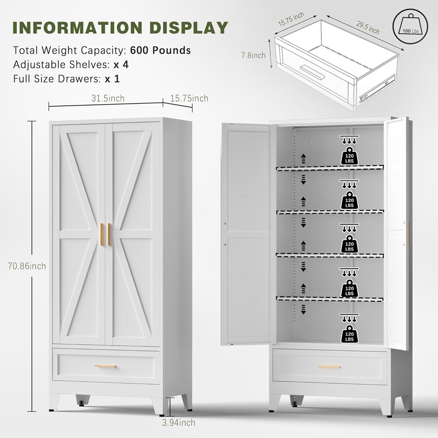 COFaR Metal Storage Cabinet, Farmhouse Storage Cabinet with 2 Doors and 4 Adjustable Shelves - 71" White Kitchen Pantry Storage 5-Tier Tall Steel Cabinets Locker for Kitchen, Living Room, Dining Room