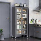 65" Kitchen Pantry Cabinet with Wheels & Adjustable Shelves, 6-Tier Metal Storage Cabinet with Transparent Doors for Kitchen, Dining Room, Living Room(Gray)