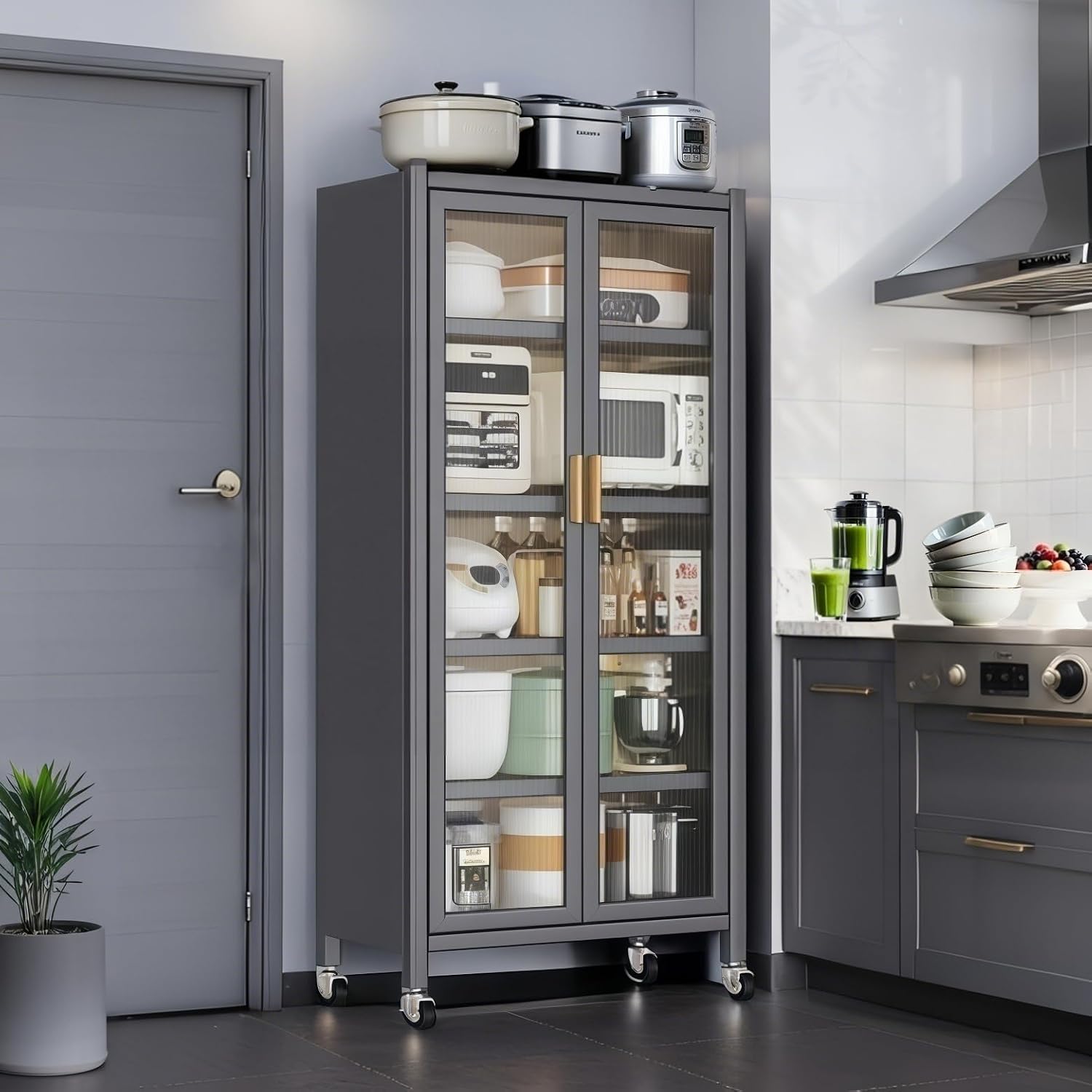 65" Kitchen Pantry Cabinet with Transparent Door – 6-Tier Metal Storage Cabinet for Food, Adjustable Shelves & Wheels, Freestanding Pantry Organizer for Kitchen, Dining Room, Living Room， Gray